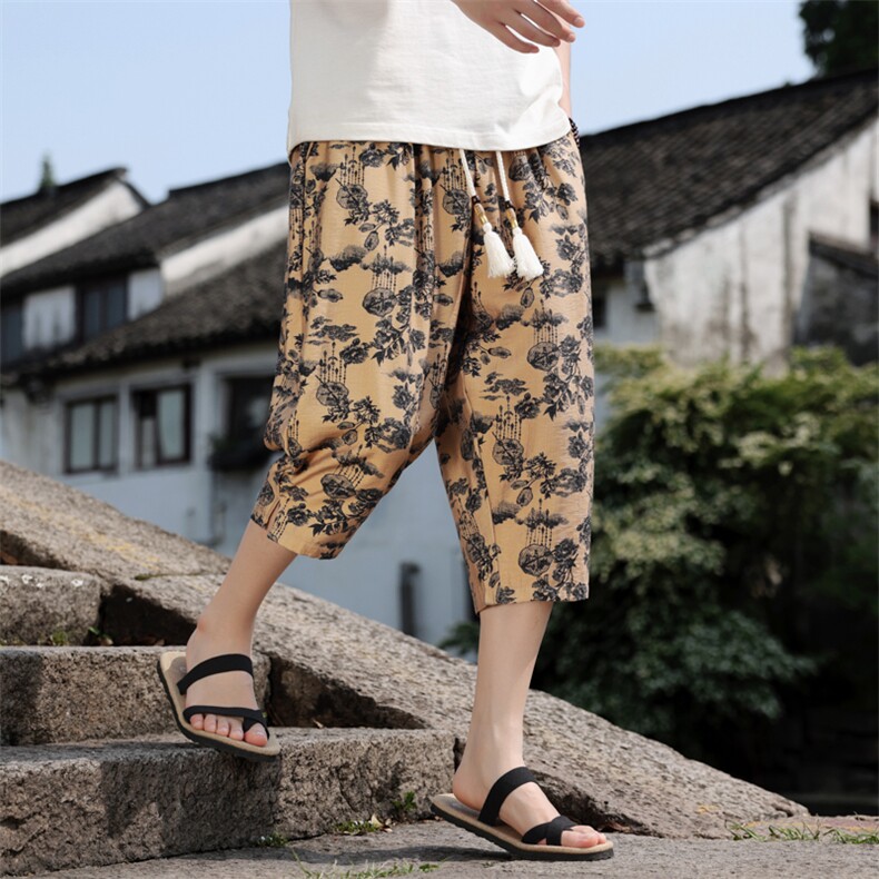 棉麻薄款七分裤男水墨印花风休闲裤宽松小脚A266-1-KZ772-P50图片