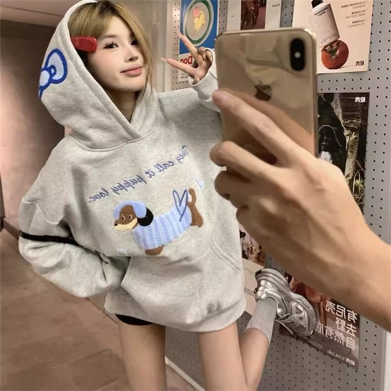 韩系腊肠狗连帽卫衣女冬季灰色刺绣宽松设计感上衣ZV8100P51，男装卫衣，星座1112-1