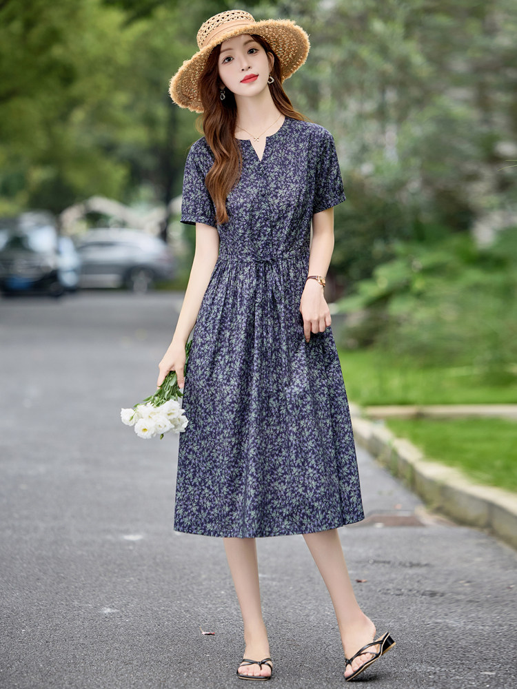 复古小碎花棉麻连衣裙女2026夏新款气质V领减龄收腰宽松休闲裙子,女装连衣裙,倪叶myz