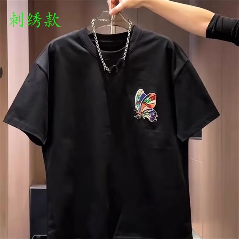 2025夏季款潮流时尚变色蝴蝶刺绣T恤男士圆领半袖休闲曼巴棉短袖,男装T恤,电商B212（原钱塘6029）