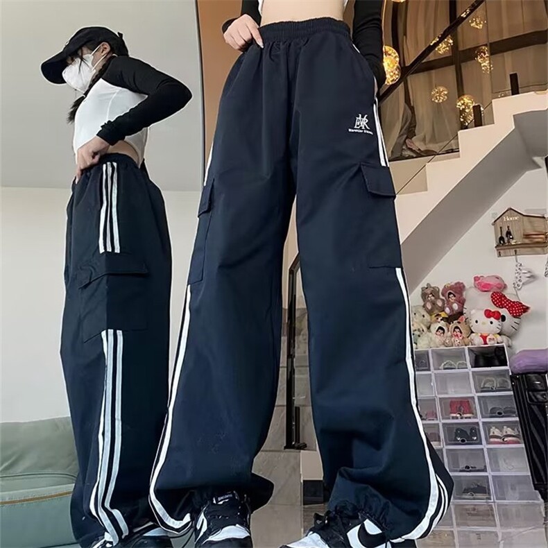 美式复古高街工装裤女春秋百搭宽松运动ins潮韩版阔腿裤AK815-P45图片