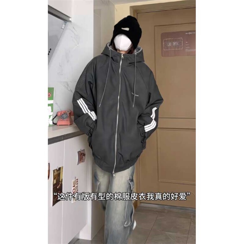 数据美式连帽百搭美拉德三条杠皮衣羊羔绒内胆MF1012P100,男装皮衣,电商A128