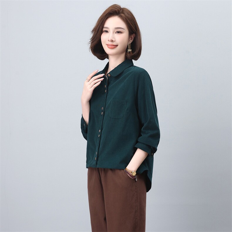 灯芯绒衬衫女2025夏季新款上衣中年妈妈春秋薄款外套长袖条绒衬衣,女装衬衫,涵誉