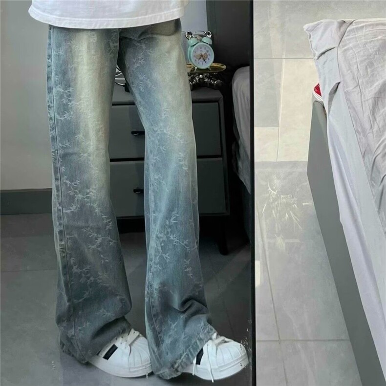 荆棘提花牛仔裤美式高街vibe裤子男款水洗直筒微喇裤WLGG600-P45,男装牛仔裤,星座1008