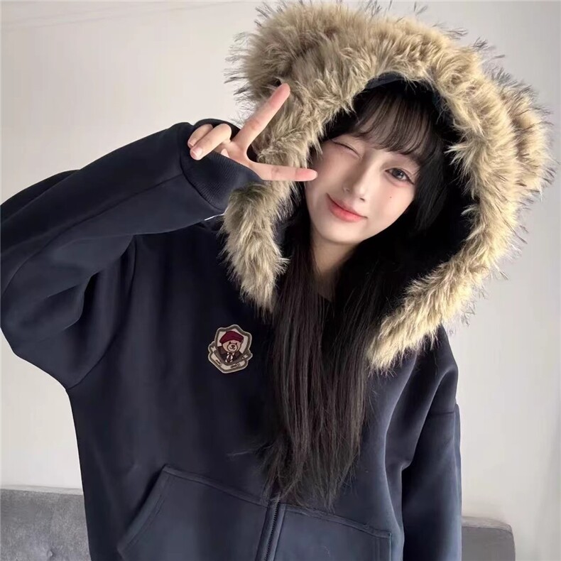 小熊耳朵毛领开衫卫衣女男春秋新款宽松慵懒感学院风连帽拉链外套图片