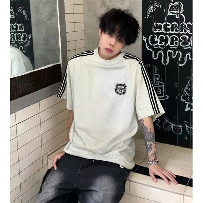 抖音得物品质二开240克宽松纯棉美式潮牌印花三条杠中性风短袖T恤,男装T恤,电商A486-1