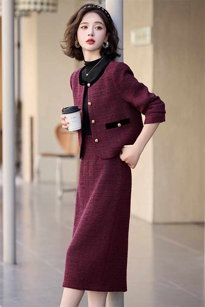 小香风名媛气质套装裙女2025春秋新款高级感红色包臀半身裙两件套,女装套装/套裙,奕薇雅