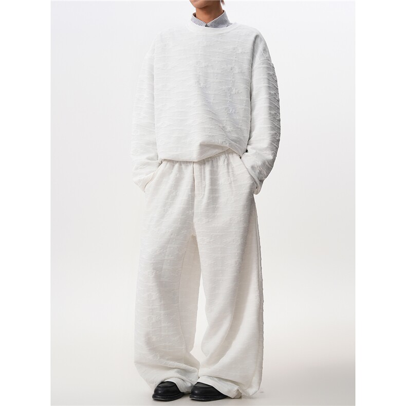8XL-M春季复古宽松廓形立体民族风提花奶白色运动套装男TZ105P88,男装T恤,电商D206-1