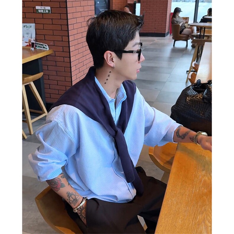 抖音得物品质二开春装美式潮牌披肩条纹长袖衬衫男女休闲宽松衬衣图片