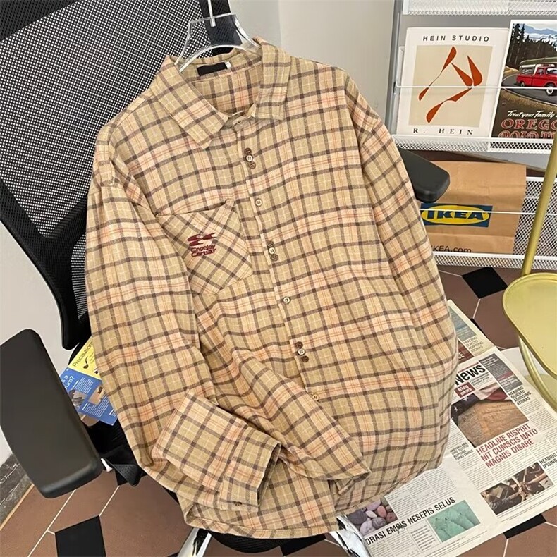 美式vintage复古格纹衬衫男女基础款长袖衬衣高级感外套6001/P48,男装衬衫,星座506