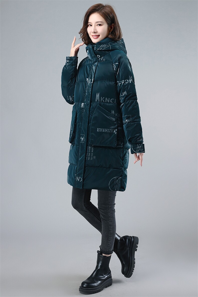 亮面棉袄外套印花棉服女中长款2021年冬装新款中年妈妈装加厚棉衣,女装棉衣/棉服,伊满意