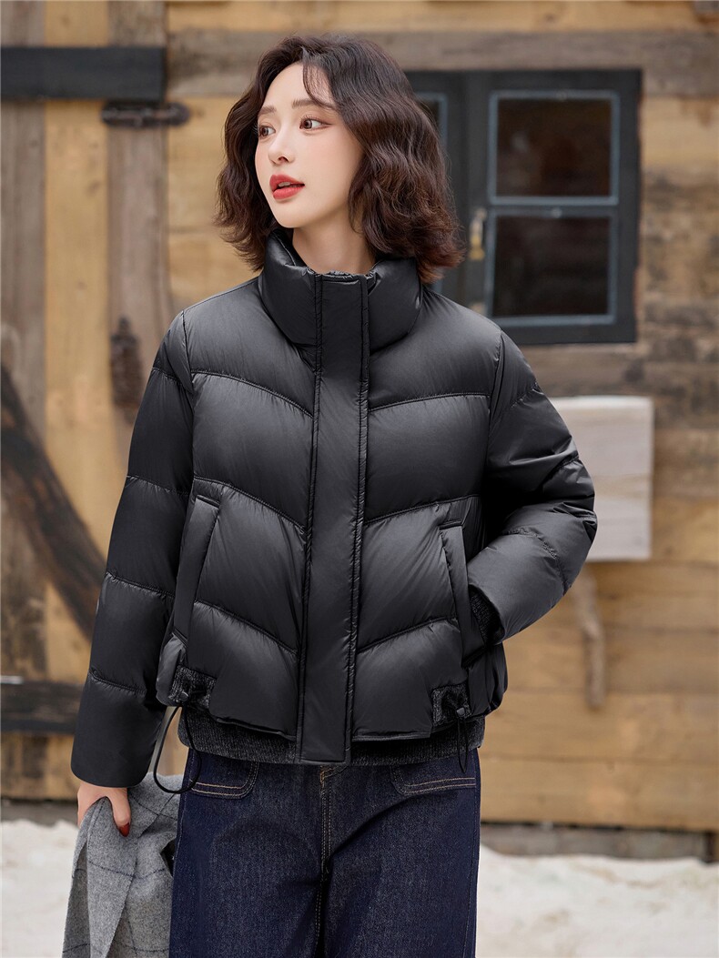 现货2025冬季新款纯色保暖立领宽松休闲羽绒服,女装羽绒服,深水步