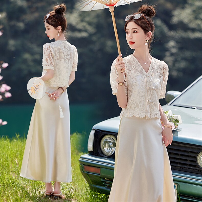 2024夏季新款小香风蕾丝上衣洋气淑女气质两件套裙,女装套装/套裙,韩蜜菓