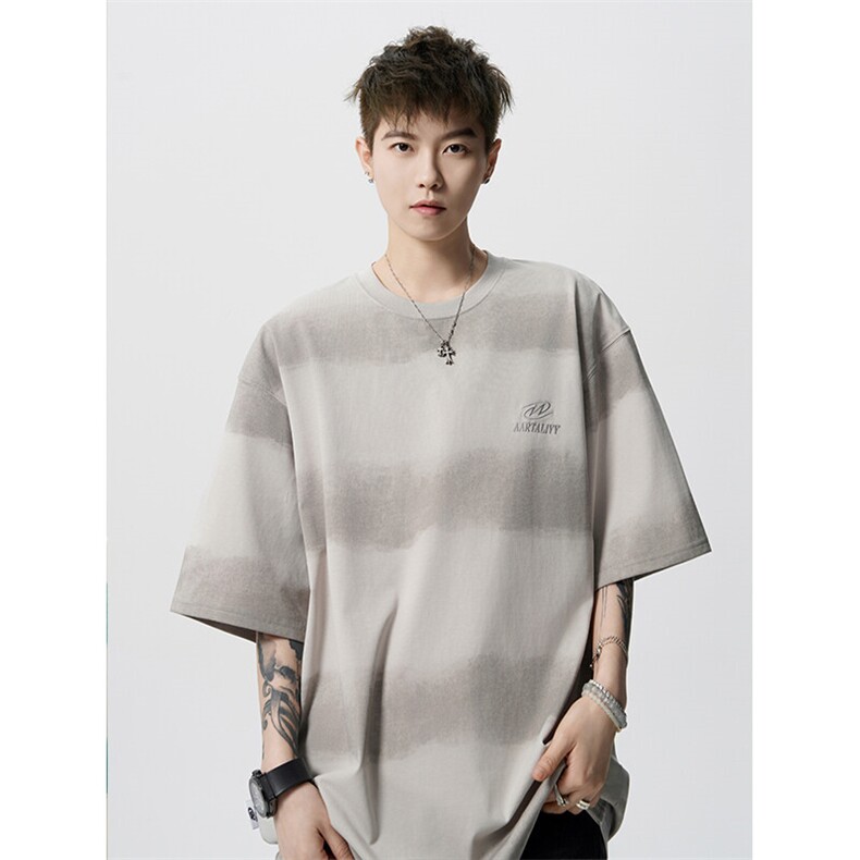 8XL-M高品质纯棉扎染条纹短袖T恤男宽松美式复古半袖情侣DX339,男装T恤,电商D206-1