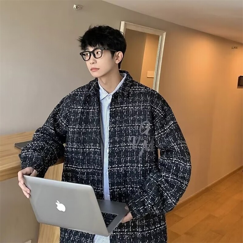 小香风格纹美式复古衬衫男潮宽松情侣休闲上衣JK35-P55,男装衬衫,星座208-5