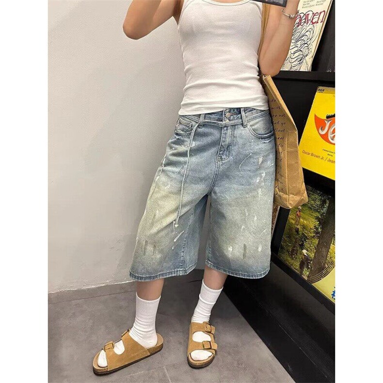 夏季新款复古泼墨水洗蓝色牛仔短裤美式街头宽松设计感七分裤子潮,男装牛仔裤,星座410-7