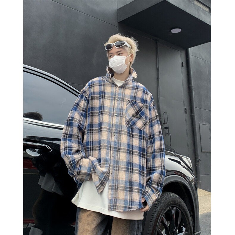 DC151-P58春款美式格子衬衫男春秋2025新款潮流百搭拼色长袖衬衣图片