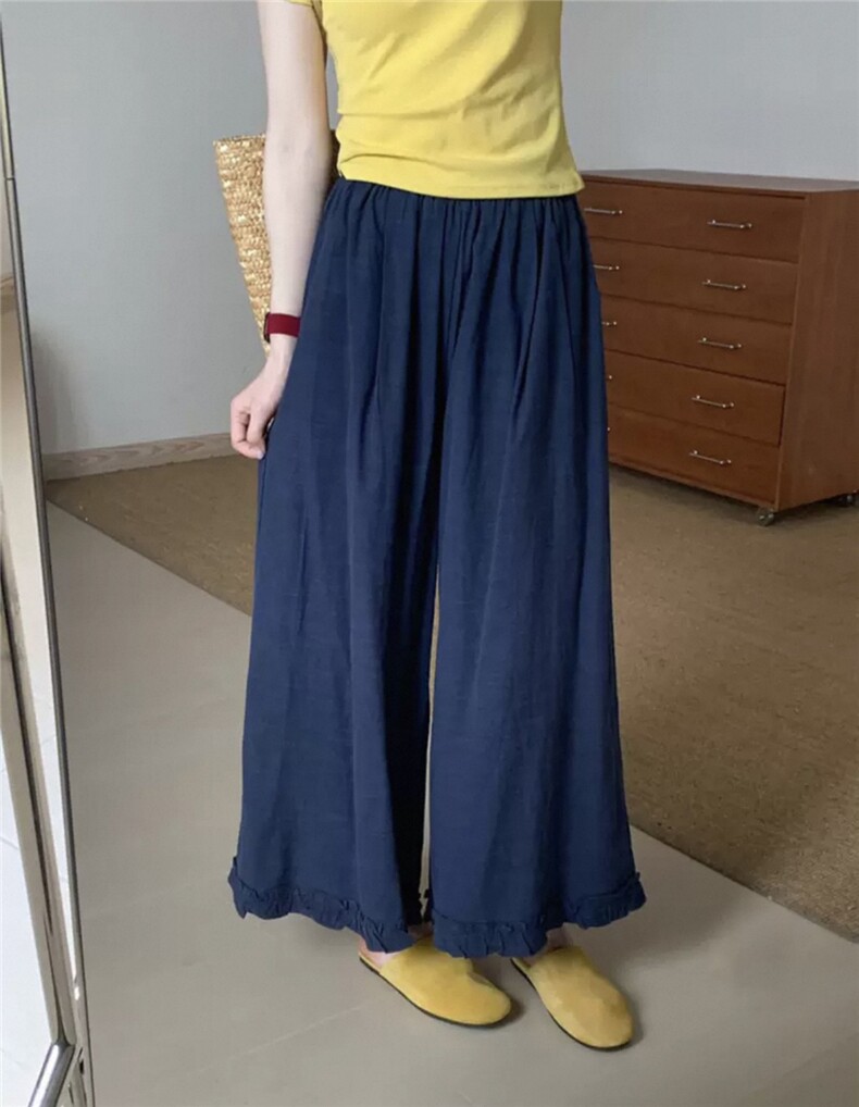 设计感纯色木耳边休闲裤2025夏季新款高腰显瘦减龄阔腿裤,女装休闲裤,湘姗