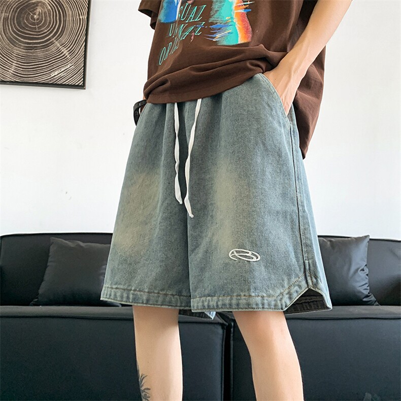 GENIOLAMODE美式复古水洗直筒牛仔裤夏季男士潮流宽松五分短裤子,男装牛仔裤,星座512-3