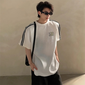 抖音得物高品质二开240克宽松纯棉美式潮牌三条杠织带短袖T恤图片