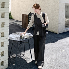 韩版条纹拼接上衣阔腿裤两件套女2025秋季新款设计感小众时尚套装，女装套装/套裙，2C375