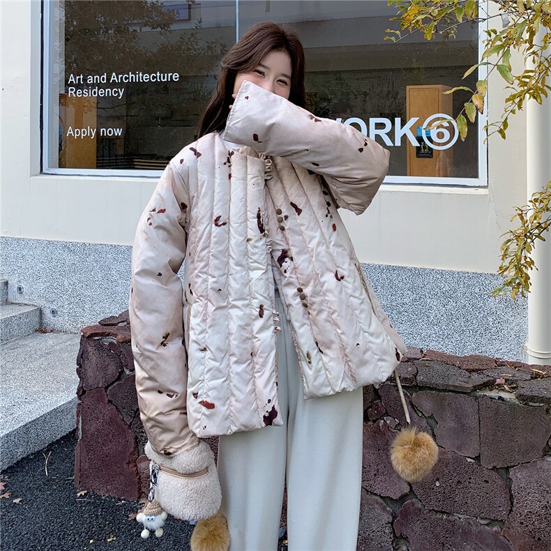 新中式轻熟风晕染碎花真毛领羽绒服女2025冬季系带收腰白鸭绒外套,女装羽绒服,艾米莉亚