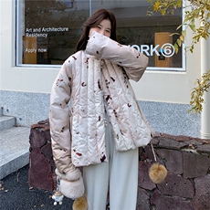 新中式轻熟风晕染碎花真毛领羽绒服女2025冬季系带收腰白鸭绒外套，女装羽绒服，艾米莉亚