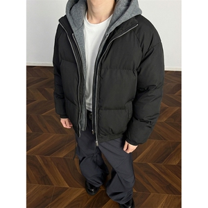 现货高品质重磅工艺美式高街假两件PU皮棉衣男女加厚棉服外套图片