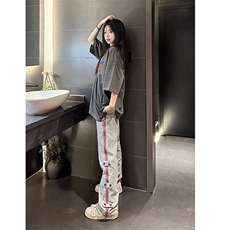 B221美式ins高街暗黑小众毛边破洞直筒牛仔裤LK23112-P75控98，男装牛仔裤，电商B221
