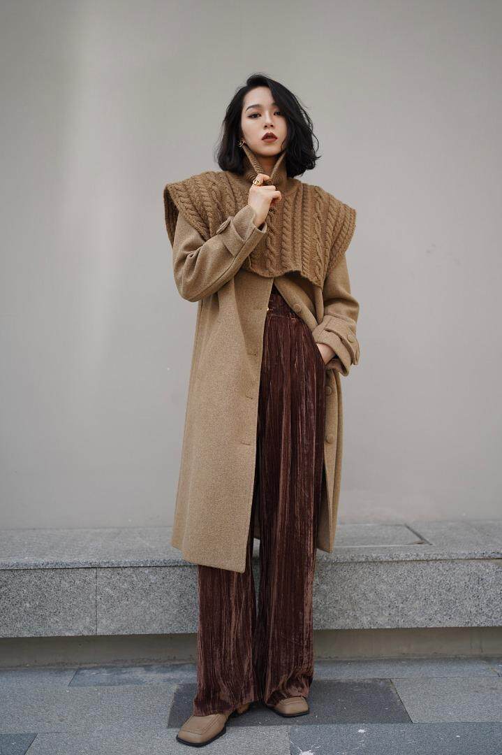 慵懒粗花毛衣披肩+宽松呢料外套两件套，女装针织衫/毛衣，GN