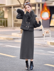 【现货】2025年冬装长裙淑女羽绒套装90%白鸭绒真狐狸毛两件套，女装套装/套裙，小九月