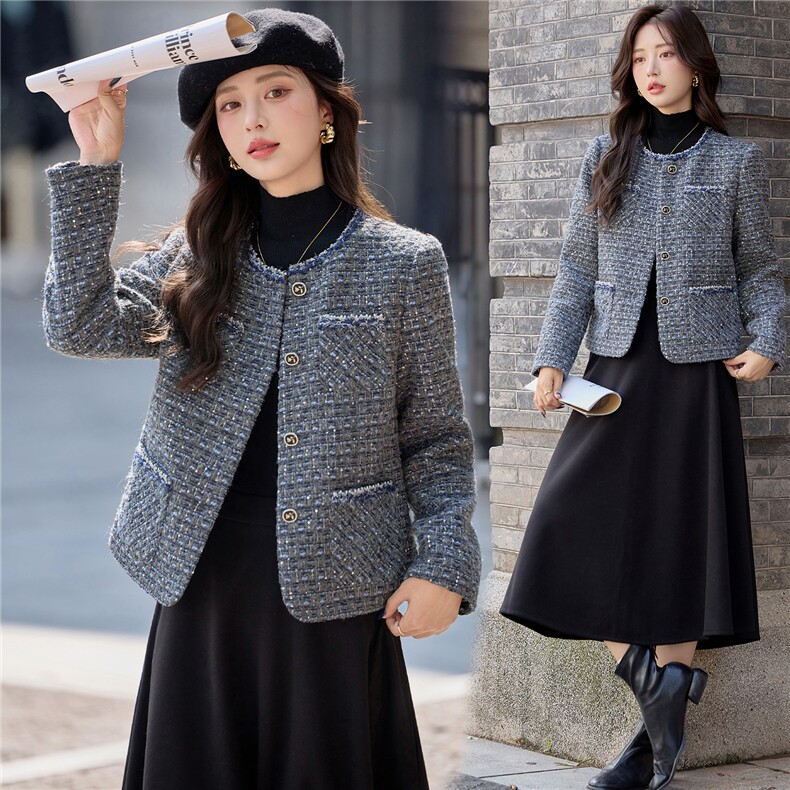 秋冬新款粗花呢亮片小香风外套气质优雅风短款大衣，女装短外套，慕依路