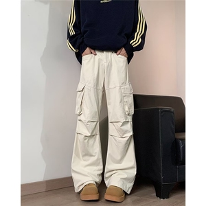 秋冬新款复古米白色多口袋休闲工装裤男女宽松褶皱伞兵裤 K7152图片