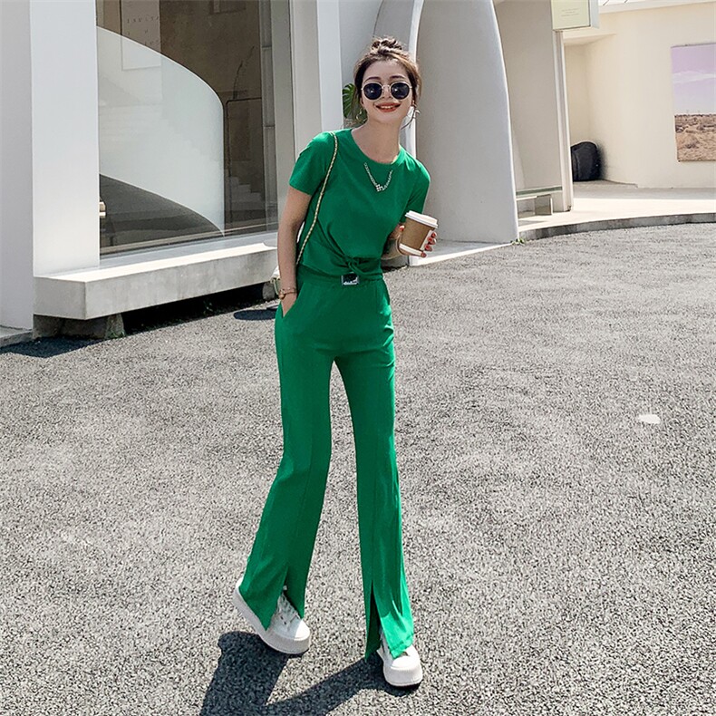 现货-休闲时尚套装女2024夏季新款设计感小众绿色成套搭配两件套,女装套装/套裙,天丽