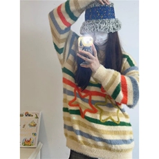 秋冬季流行洋气可爱彩色条纹套头毛衣女时尚甜美针织衫设计感上衣，男装针织衫/毛衣，星座506A