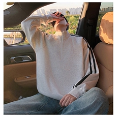 秋季380克全棉宽松条纹拉链套头卫衣立领POLO衫外套AH914-P42，男装Polo衫，四季星座610B