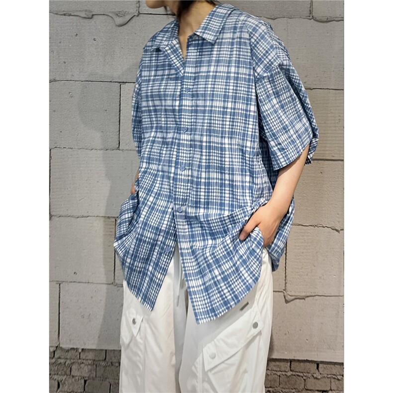 C316 CS8333 P68 夏季新款格子撞色小清新蓝色刺绣短袖衬衫宽松图片