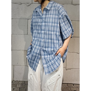 C316 CS8333 P68 夏季新款格子撞色小清新蓝色刺绣短袖衬衫宽松图片
