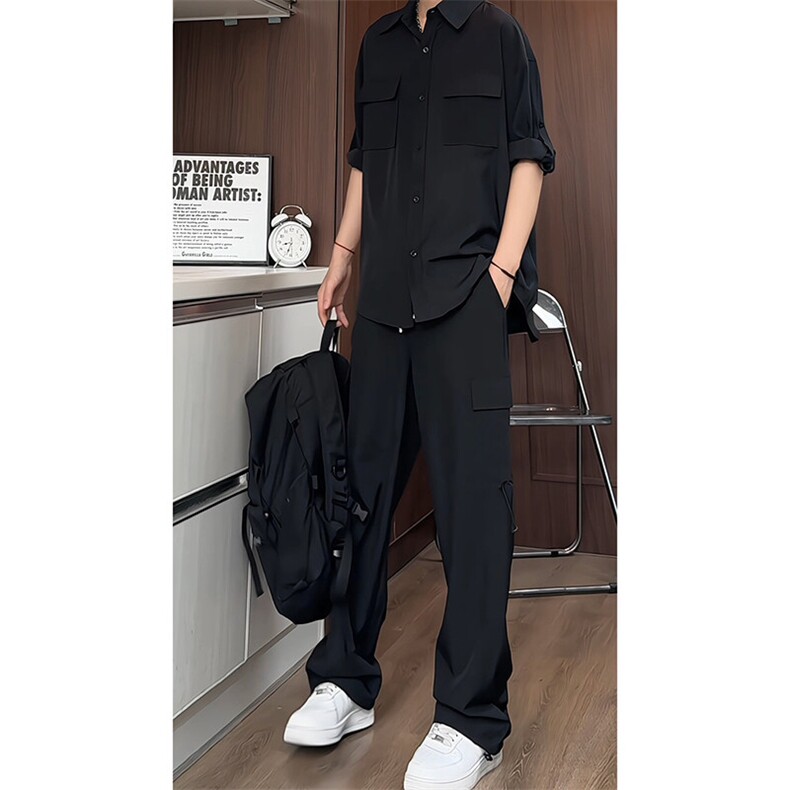 TZ50419076/P70套装冰丝凉感黑色纯色衬衫工装裤两件套男衬衣裤子,男装衬衫,电商A141