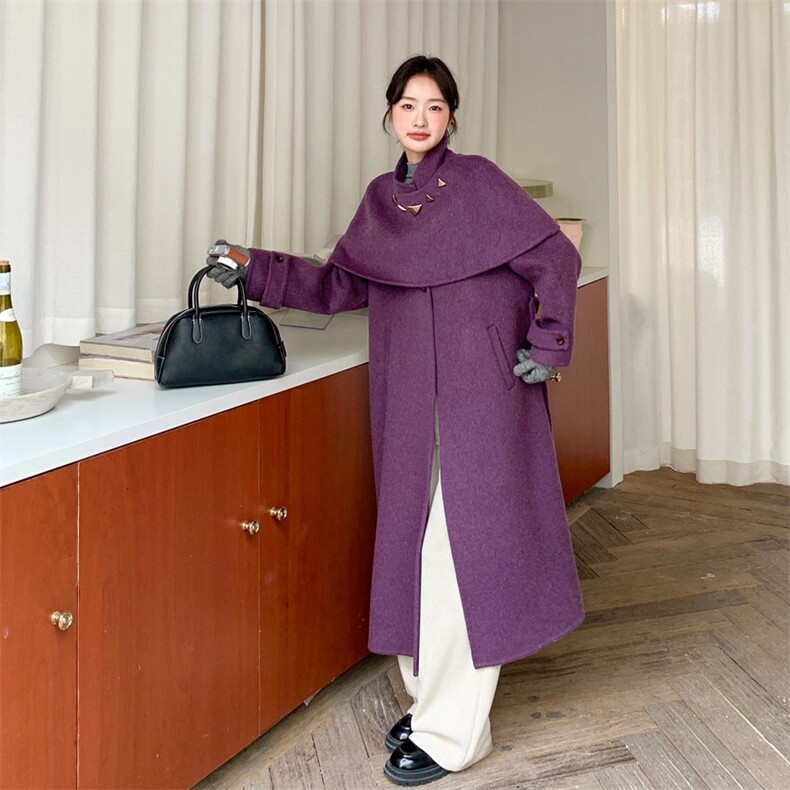双面羊绒披肩两件套长款大衣2C067-972-P385-K499，女装毛呢外套，茵姿媚