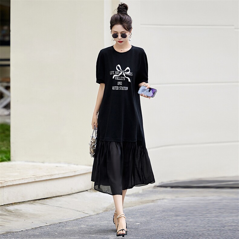 假两件百褶拼接连衣裙女中长款2025夏新款法式印花减龄t恤裙,女装连衣裙,沁沁公主