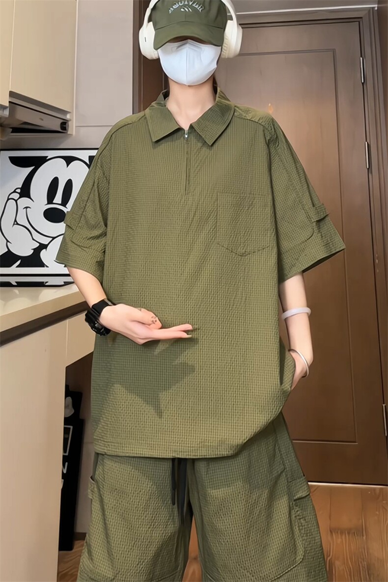 量大优供视频泡泡纱polo衫套装短袖短裤男CP77TZ-特p50,男装休闲套装,电商B371