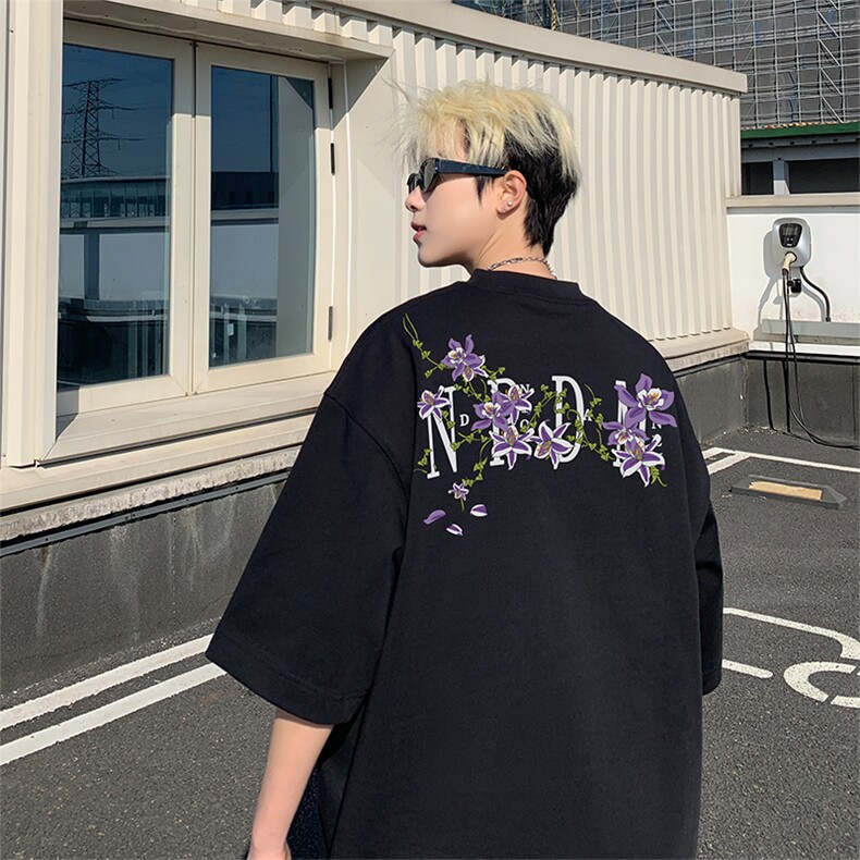 美式藤蔓花卉抖音直播得物短袖220克纯棉T5140P23,男装T恤,电商C408-1(原B339-1)