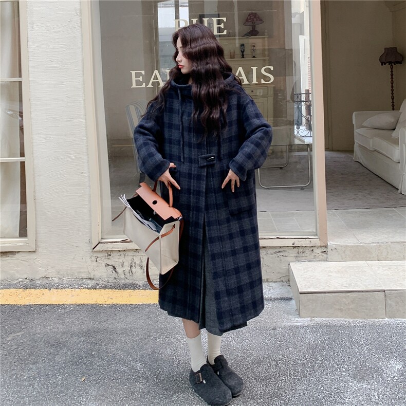 深蓝色复古格纹双面呢大衣女2025中长款外套2C227/3321/P265K338,女装毛呢外套,2C227