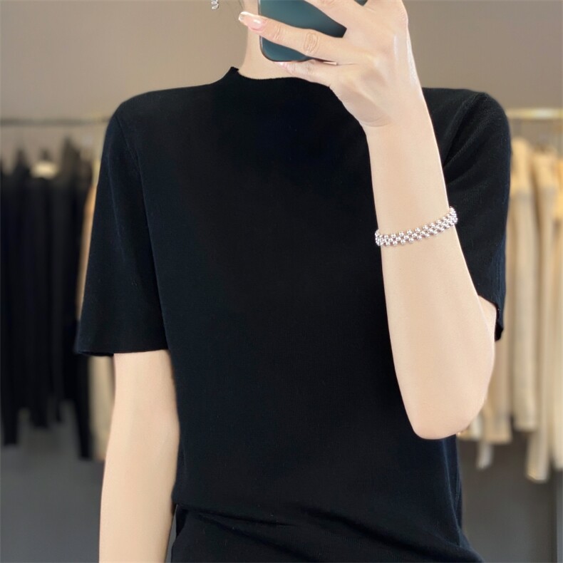 POLO领针织短袖T恤女宽松百搭纯色冰丝上衣2025新款洋气翻领半袖,针织衫/毛衣,雪真羊绒
