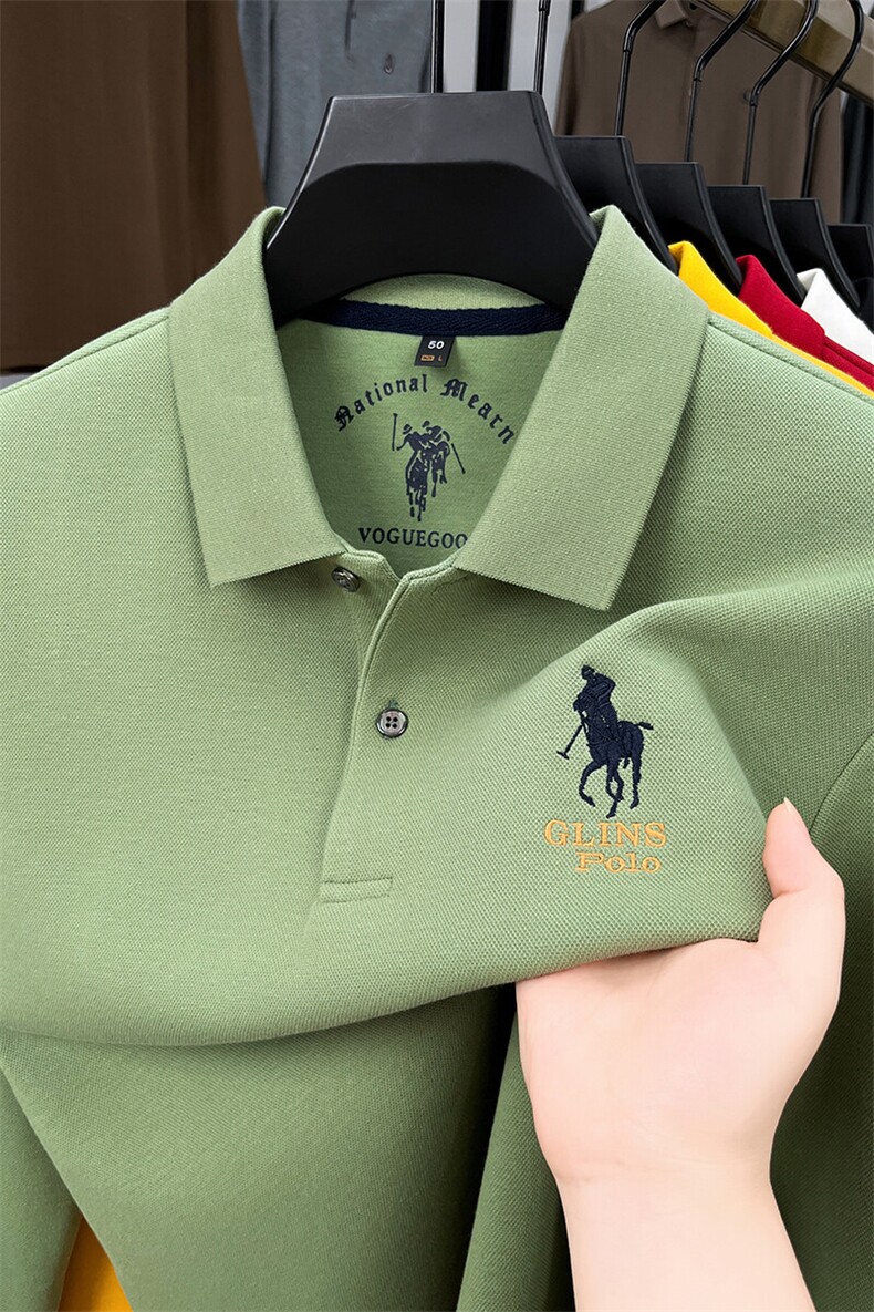 高端长袖t恤男秋冬新款黄色刺绣POLO衫中青年轻奢商务翻领上衣服,男装T恤,电商B212（原钱塘6029）