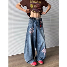 美式复古弯刀贴布牛仔裤男女2025夏新款宽松阔腿拖地裤N07853-P55，男装牛仔裤，星座308B-1