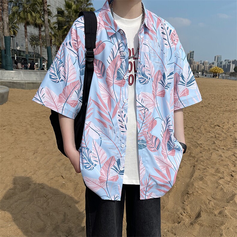 新款大码花男短袖夏季痞宽松上衣服外套翻领衬衫A012/824P35,男装衬衫,电商A012