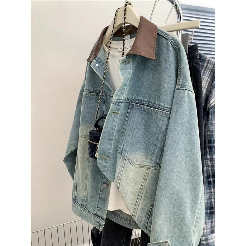 港风秋款男女牛仔夹克衫PU皮领宽松休闲渐变色外套JK149P78,男装工装外套,星座1013-1