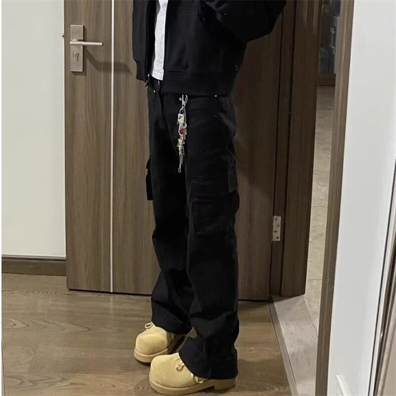 美式高街直筒微喇多口袋工装裤男女宽松显瘦复古牛仔裤休闲裤子,男装休闲裤,星座506A